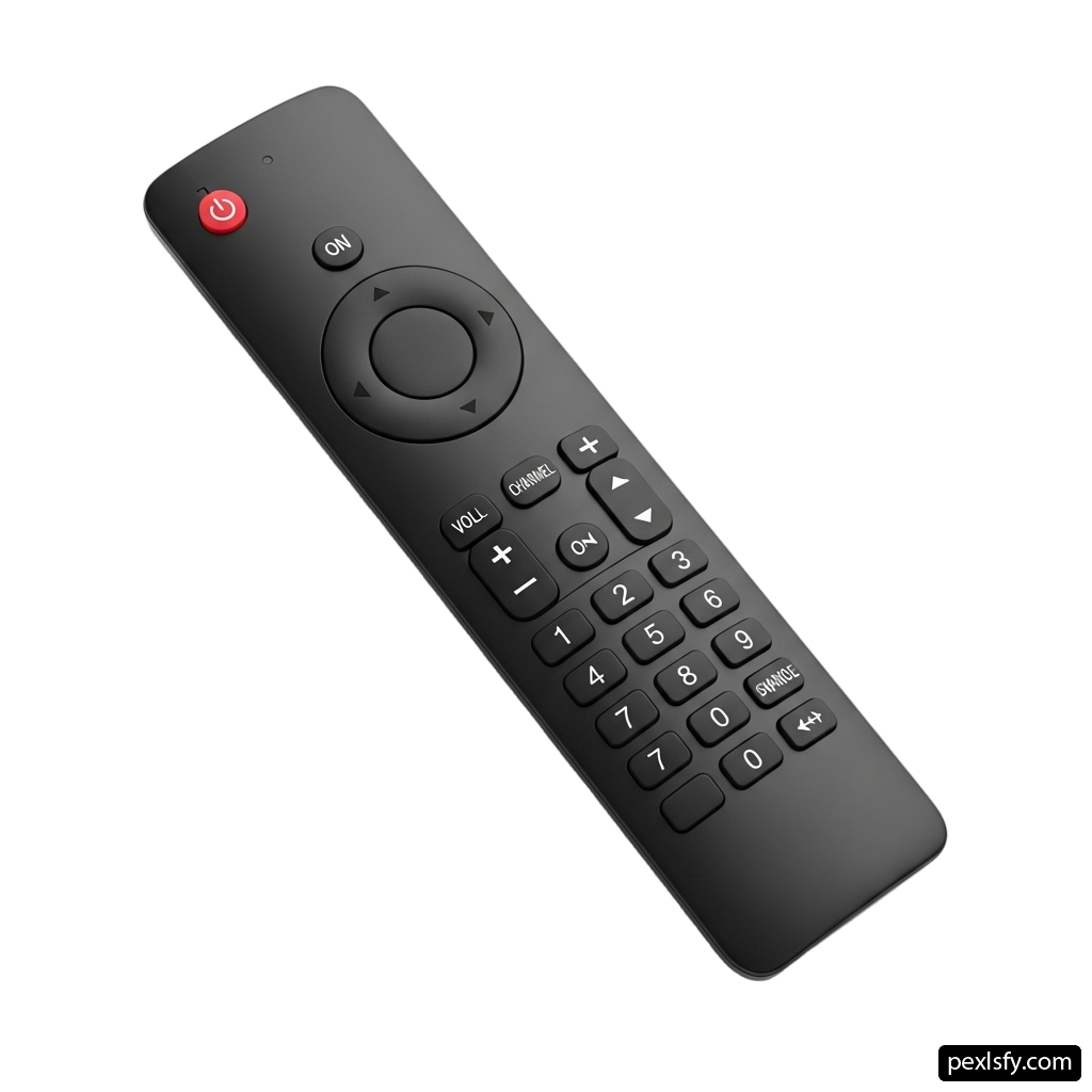 Black remote control sitting on top of a white surface png transparent background