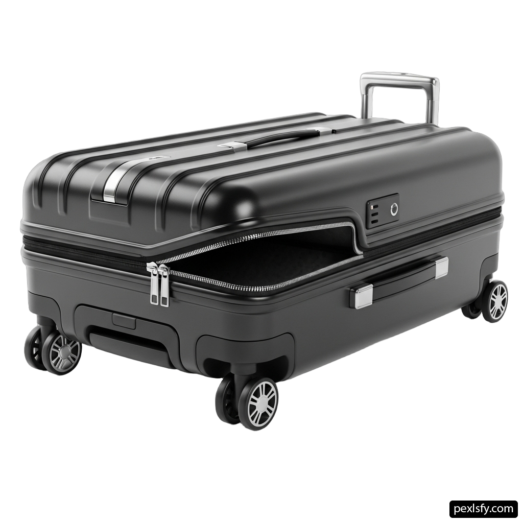 Black suitcase with wheels on a white background png transparent background