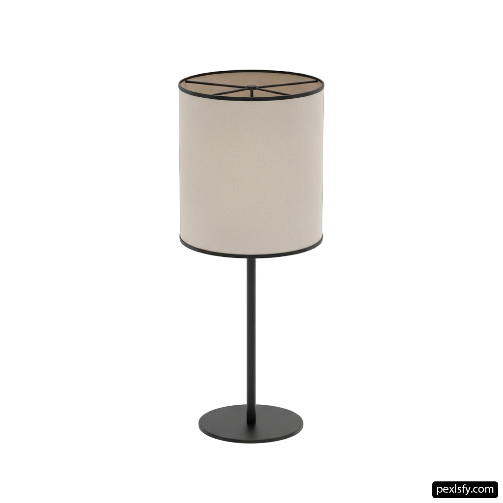 Black table lamp with a beige shade on it png transparent background