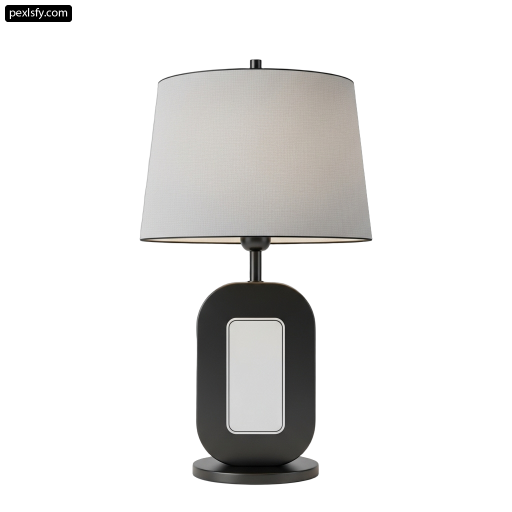 Black table lamp with a white shade on it png transparent background
