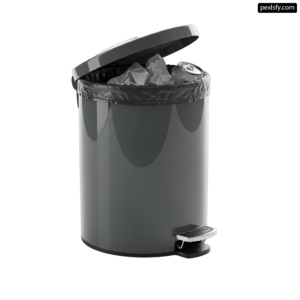 Black trash can with a lid open on a white background png transparent background