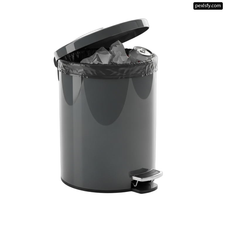 Black trash can with a lid open on a white background png transparent background