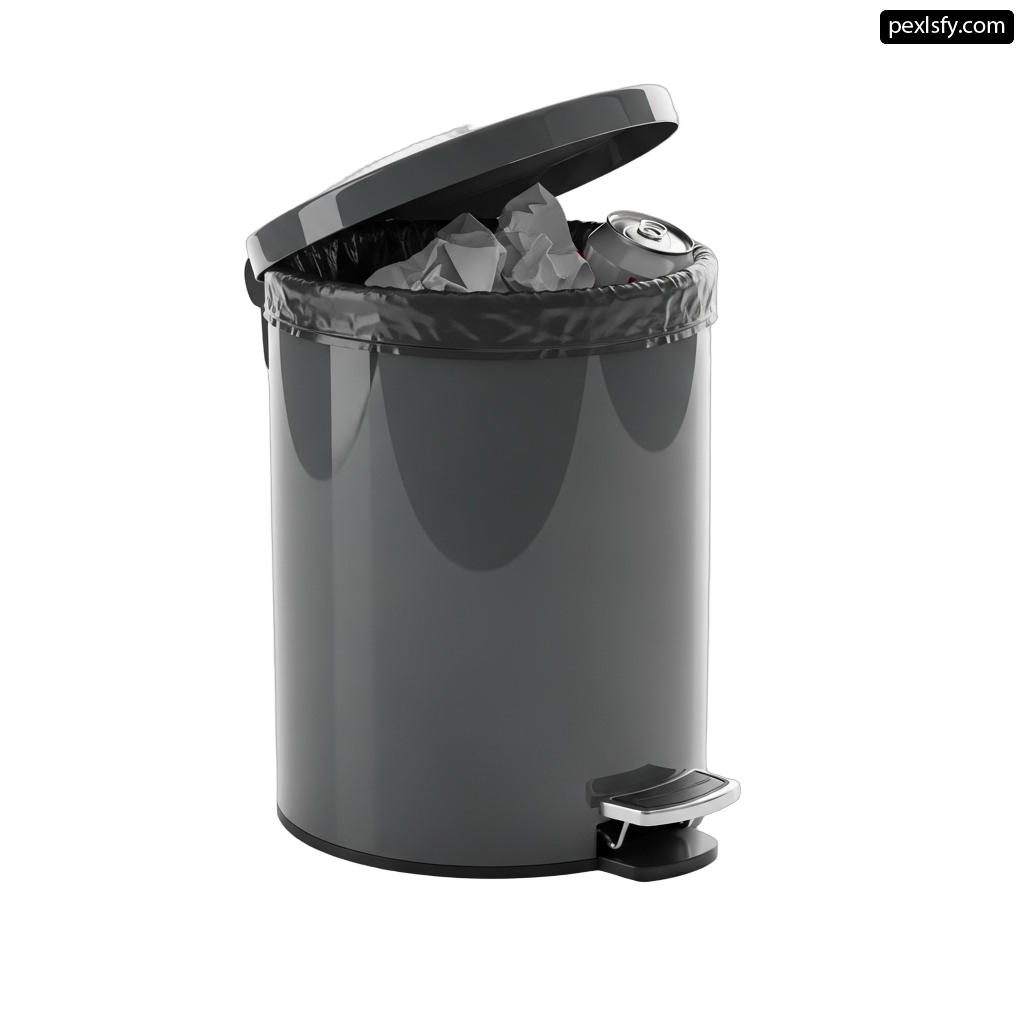 Black trash can with a lid open on a white background png transparent background