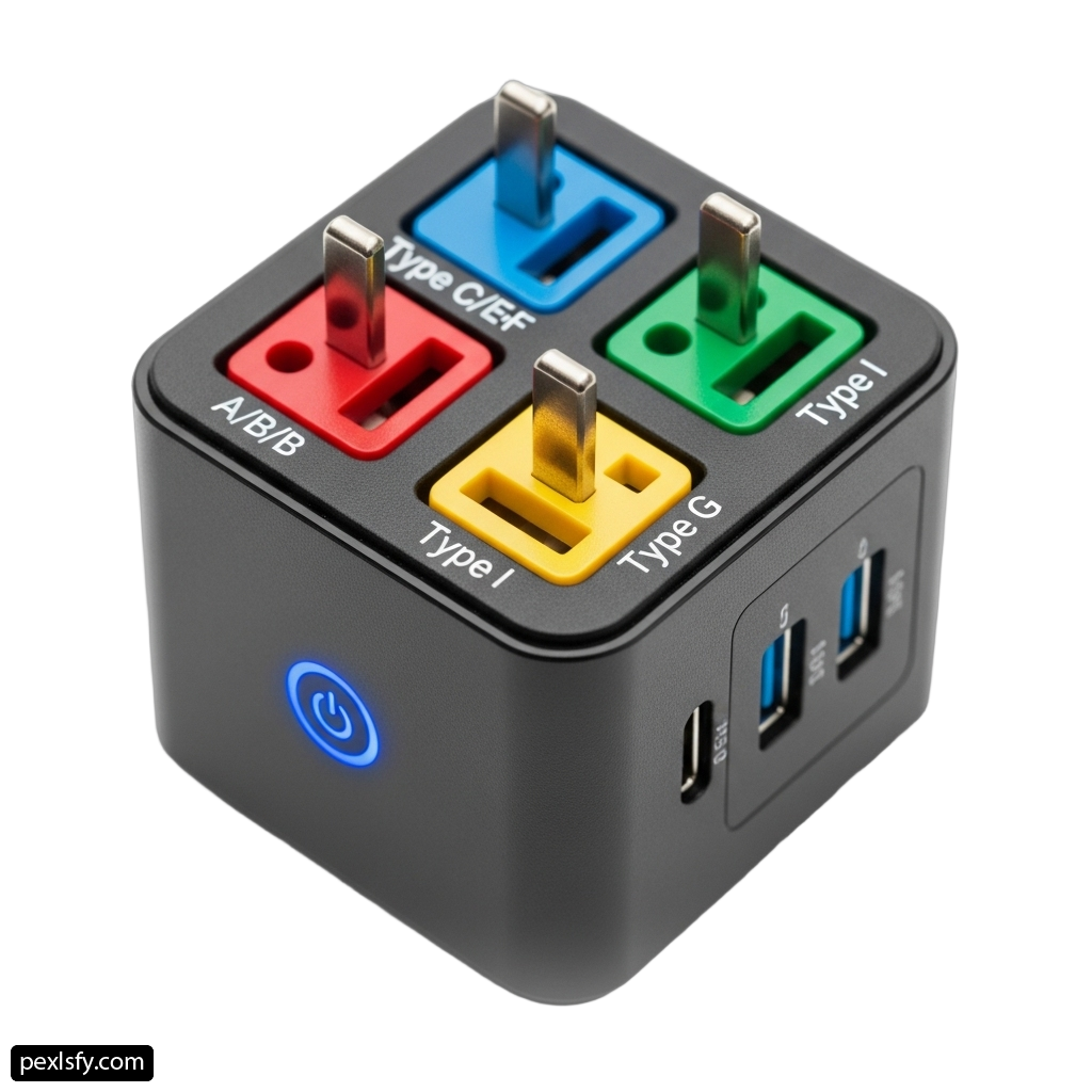 Black travel adapter with four different colored plugs png transparent background