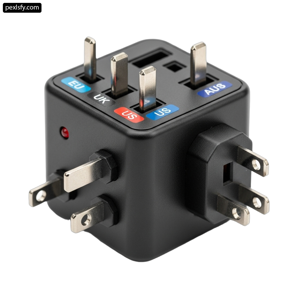 Black travel adapter with four plugs on it png transparent background