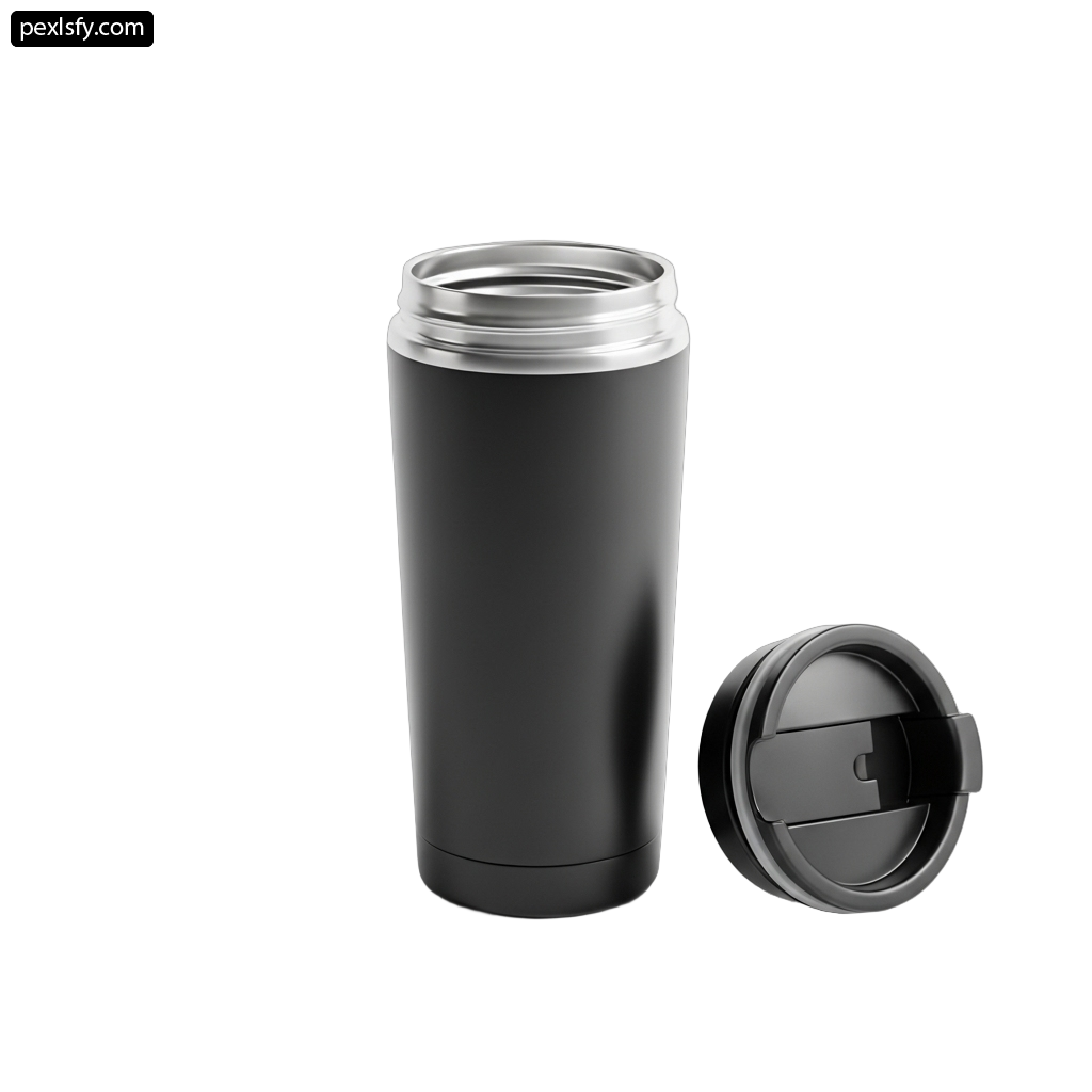 Black travel mug with a lid on a white background png transparent background
