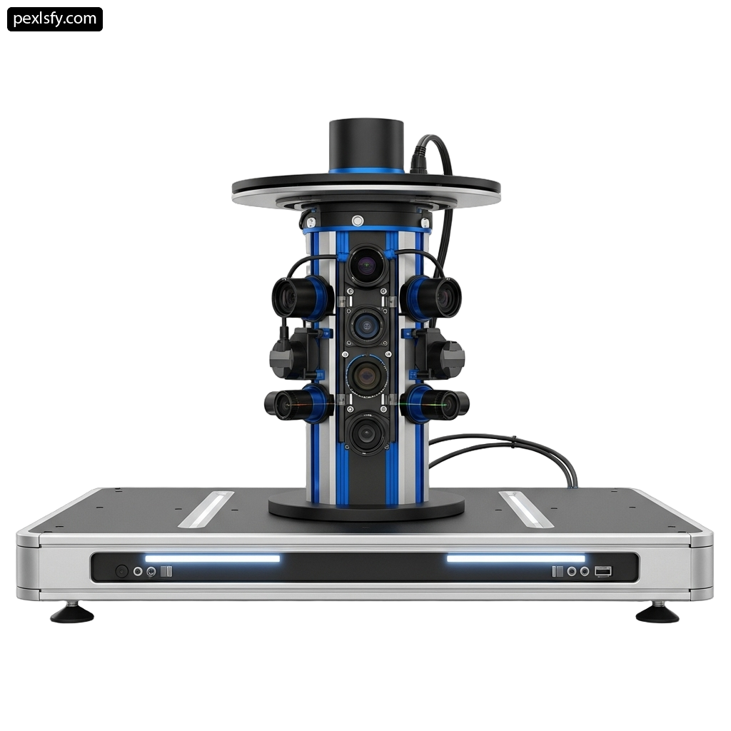 Blue and black microscope sitting on top of a table png transparent background