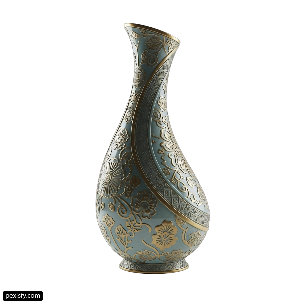 Blue and gold vase sitting on top of a table png transparent background