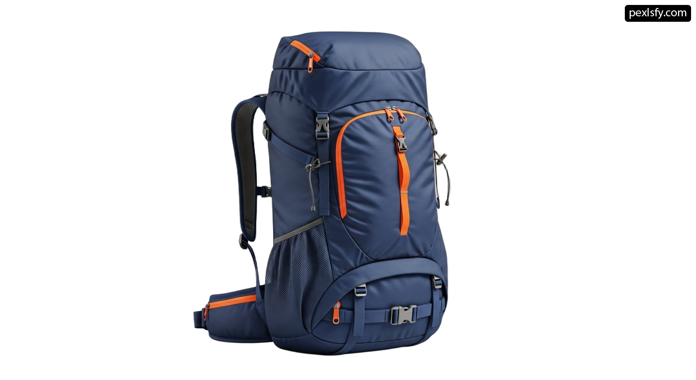 Blue and orange backpack on a white background png transparent background