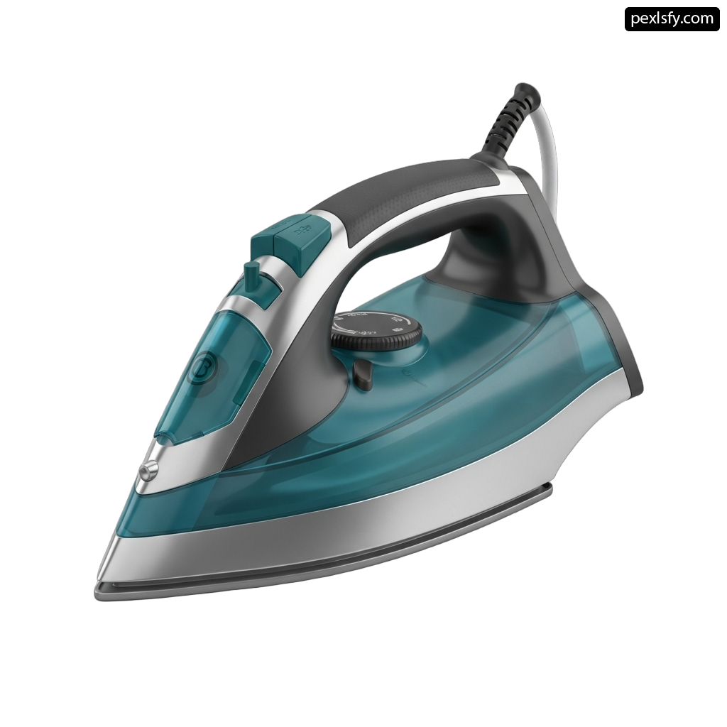 Blue and silver steam iron on a white background png transparent background