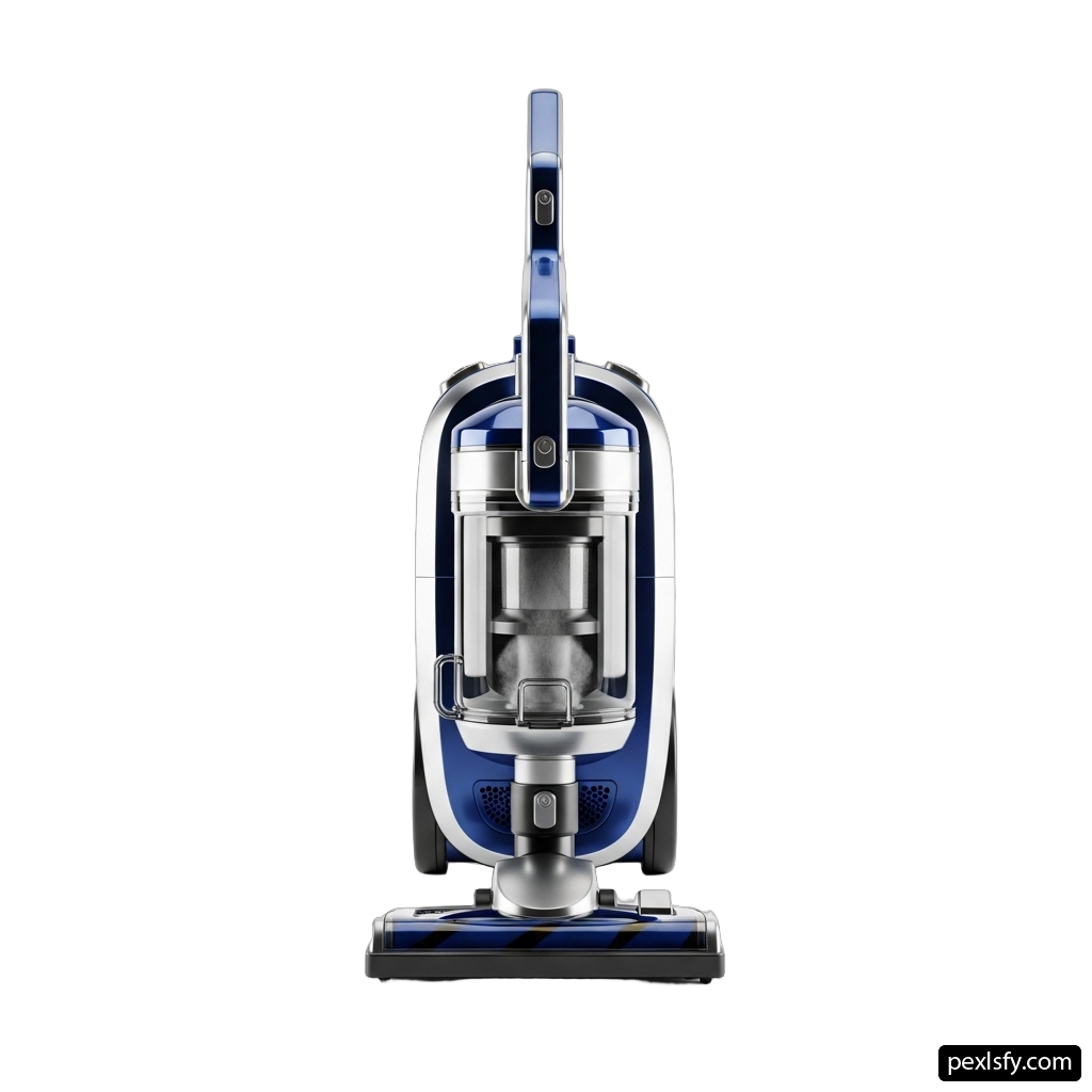 Blue and silver vacuum cleaner on a white background png transparent background