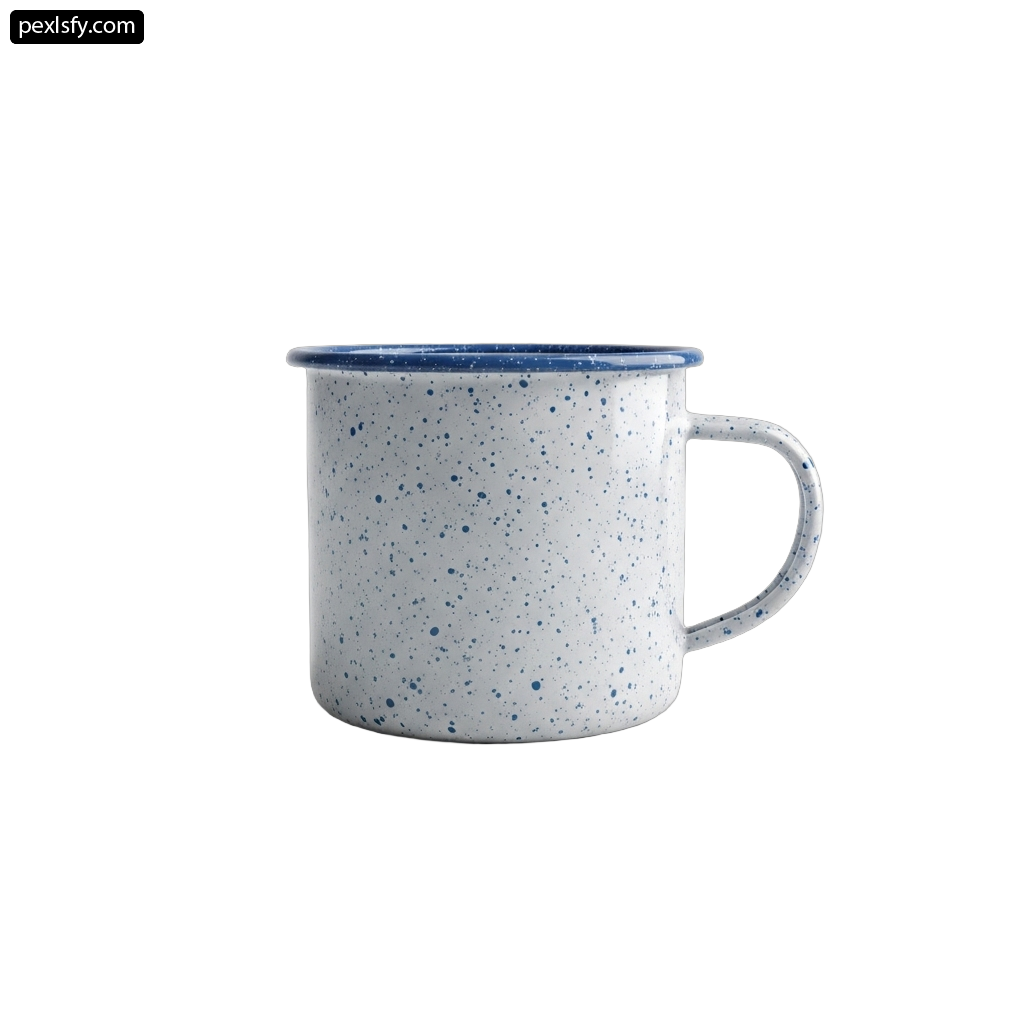 Blue and white enamel mug on a white background png transparent background