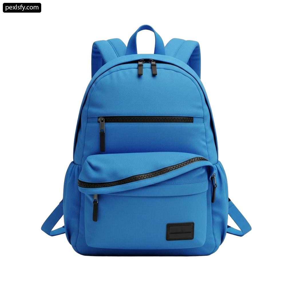 Blue backpack with two zippers on the front png transparent background