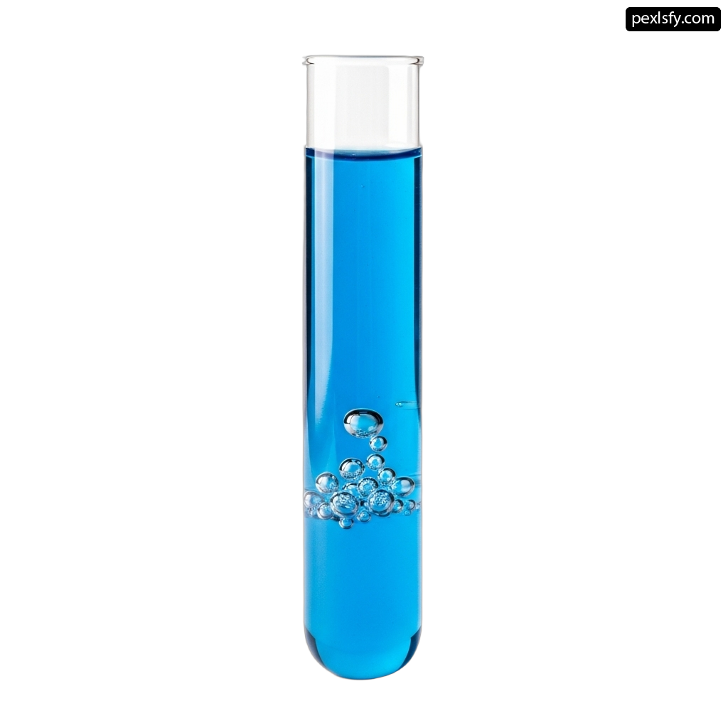 Blue beaker filled with blue liquid and bubbles png transparent background