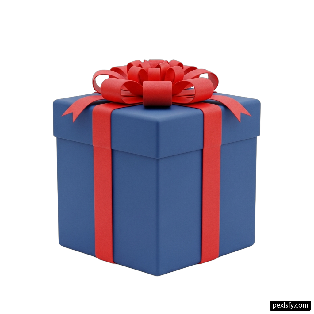 Blue gift box with a red ribbon and bow png transparent background