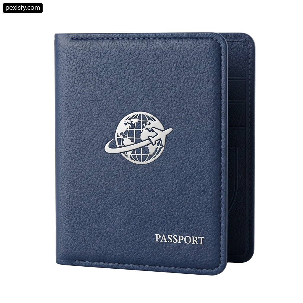 Blue passport case with a globe on it png transparent background