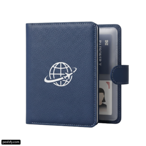 Blue passport case with a white logo on it png transparent background