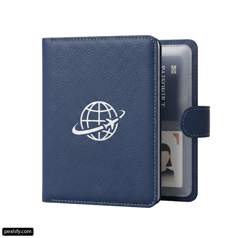 Blue passport case with a white logo on it png transparent background