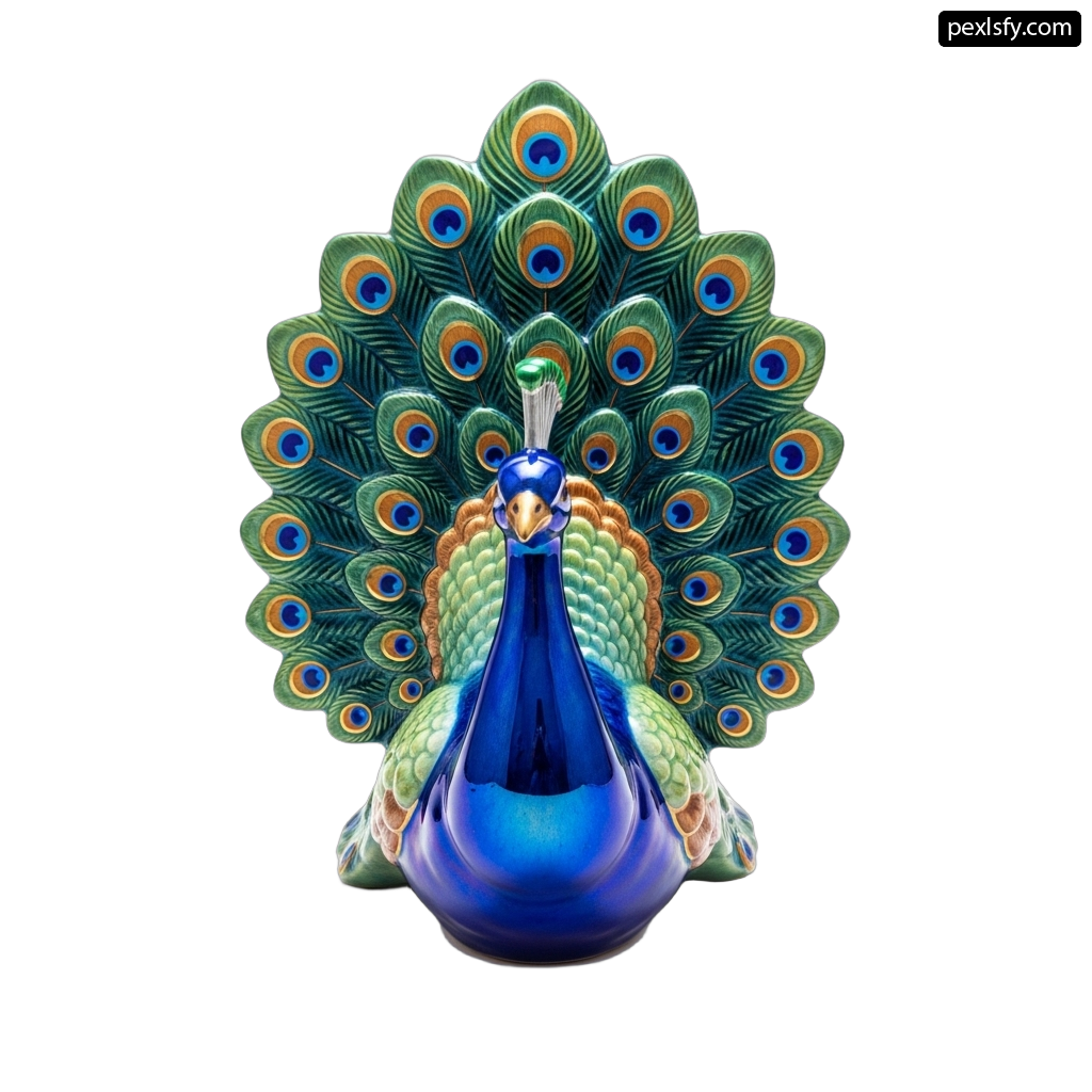 Blue peacock figurine sitting on top of a white surface png transparent background