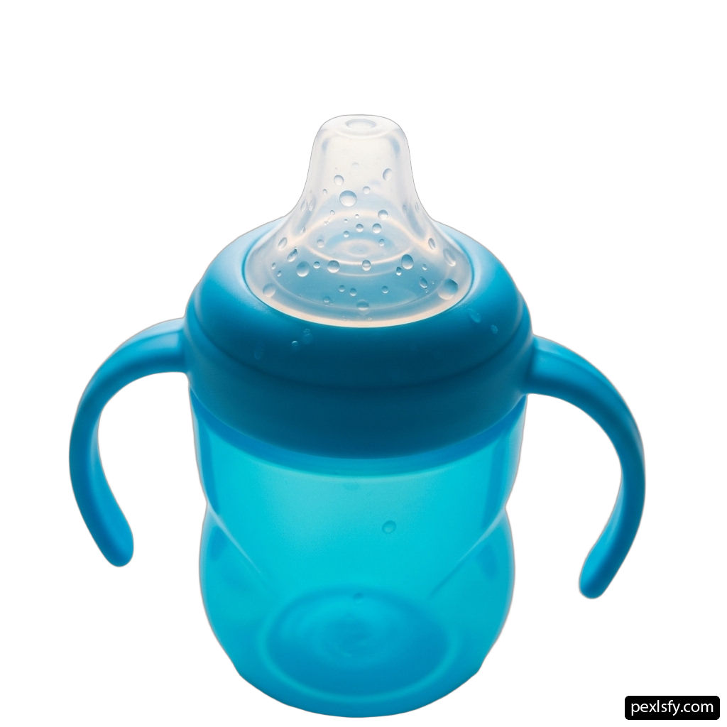 Blue sippy cup with a handle on a white background png transparent background