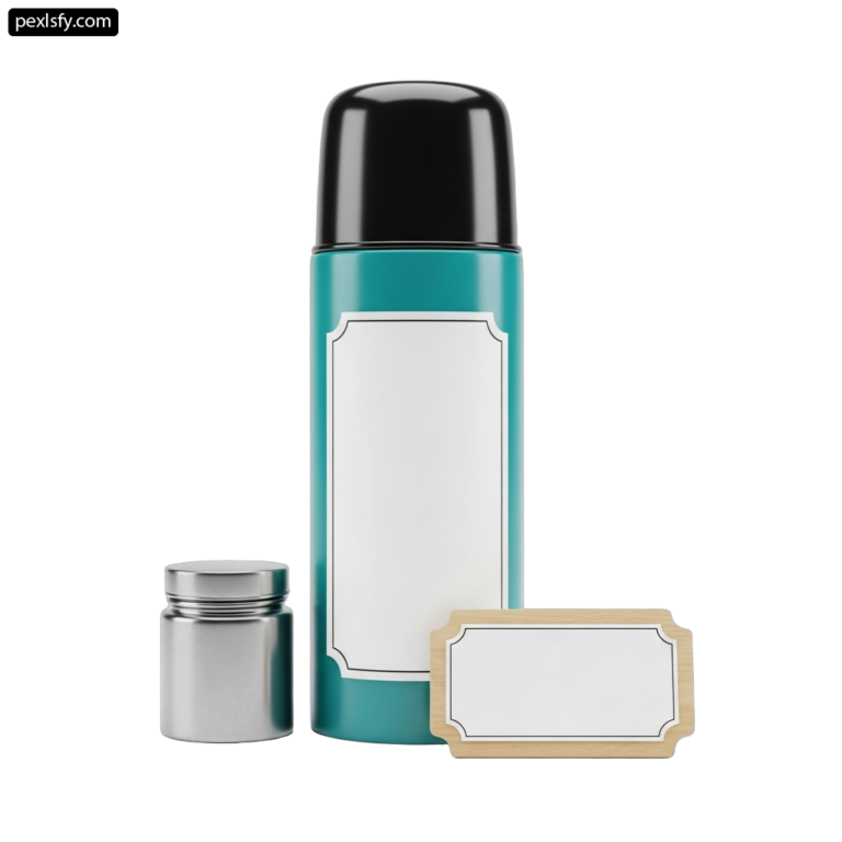 Blue thermos bottle with a black lid next to a wooden box png transparent background