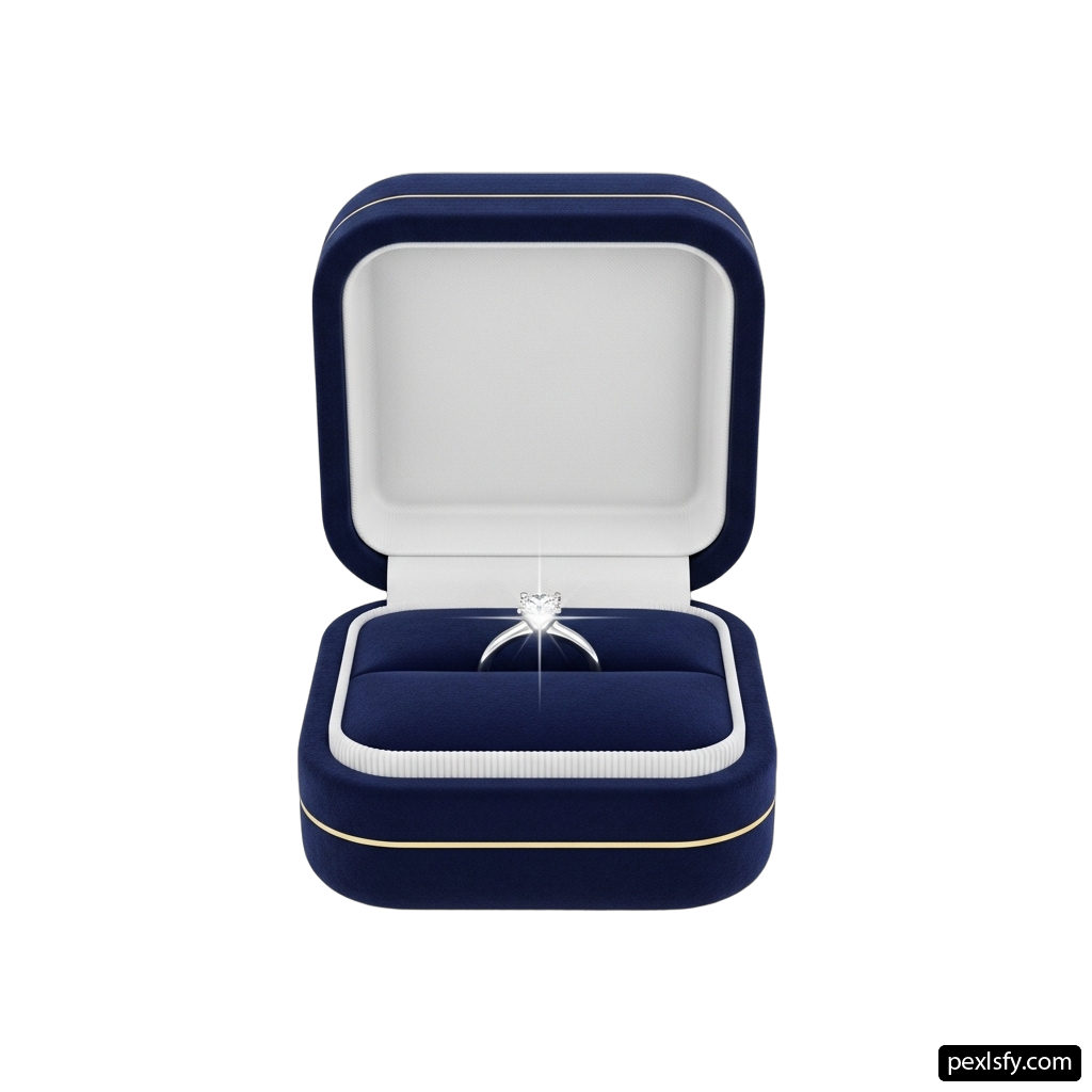 Blue velvet jewelry box with a diamond ring inside png transparent background