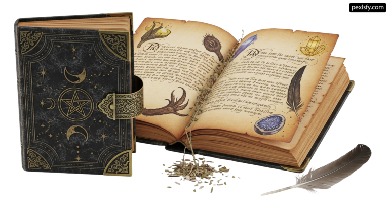 Book with a pentagram and a feather on top of it png transparent background