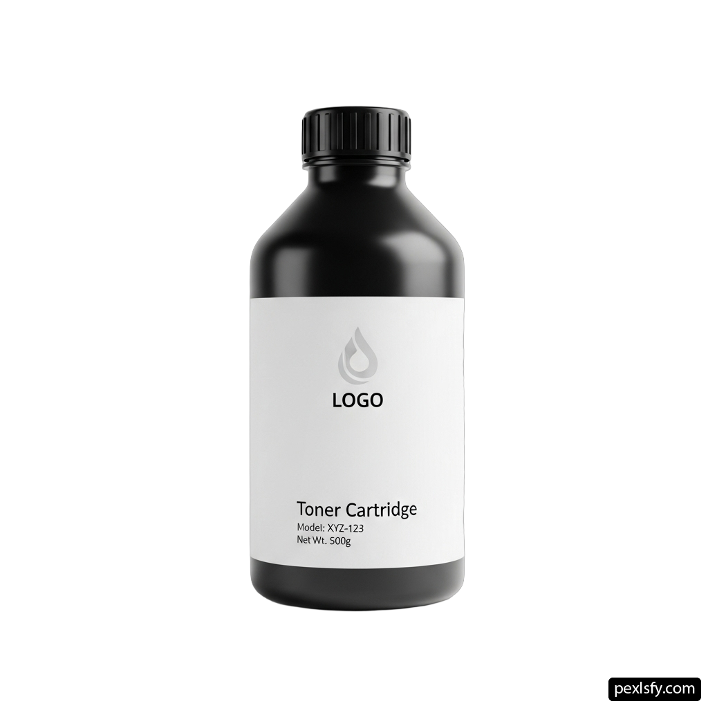 Bottle of black toner cartridge on a white background png transparent background