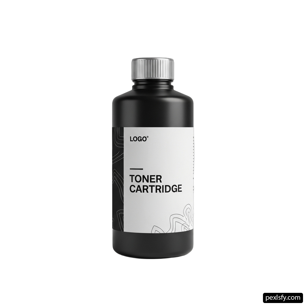 Bottle of black toner cartridge on a white background png transparent background