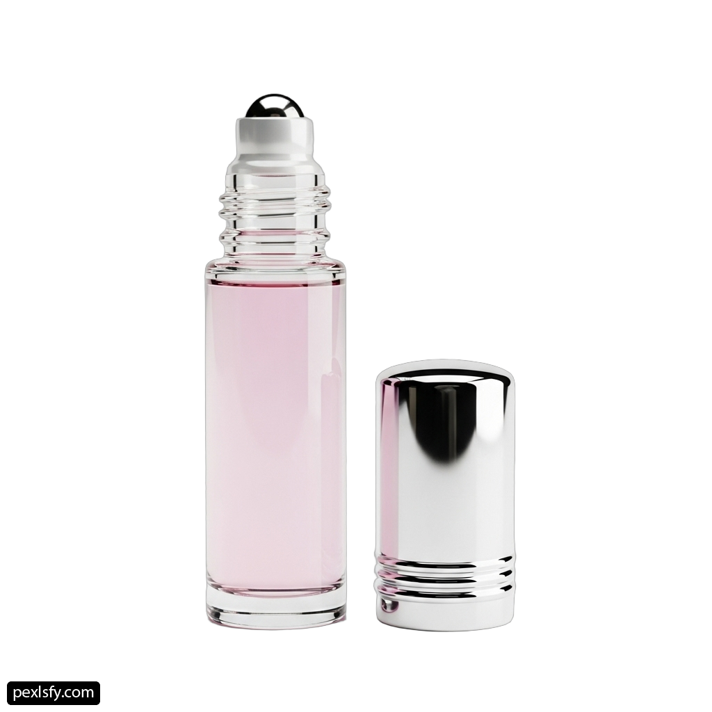 Bottle of perfume next to a silver shaker png transparent background