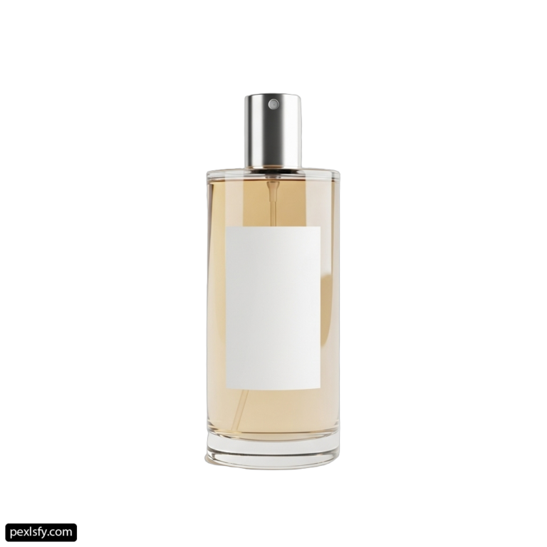 Bottle of perfume with a white label on it png transparent background