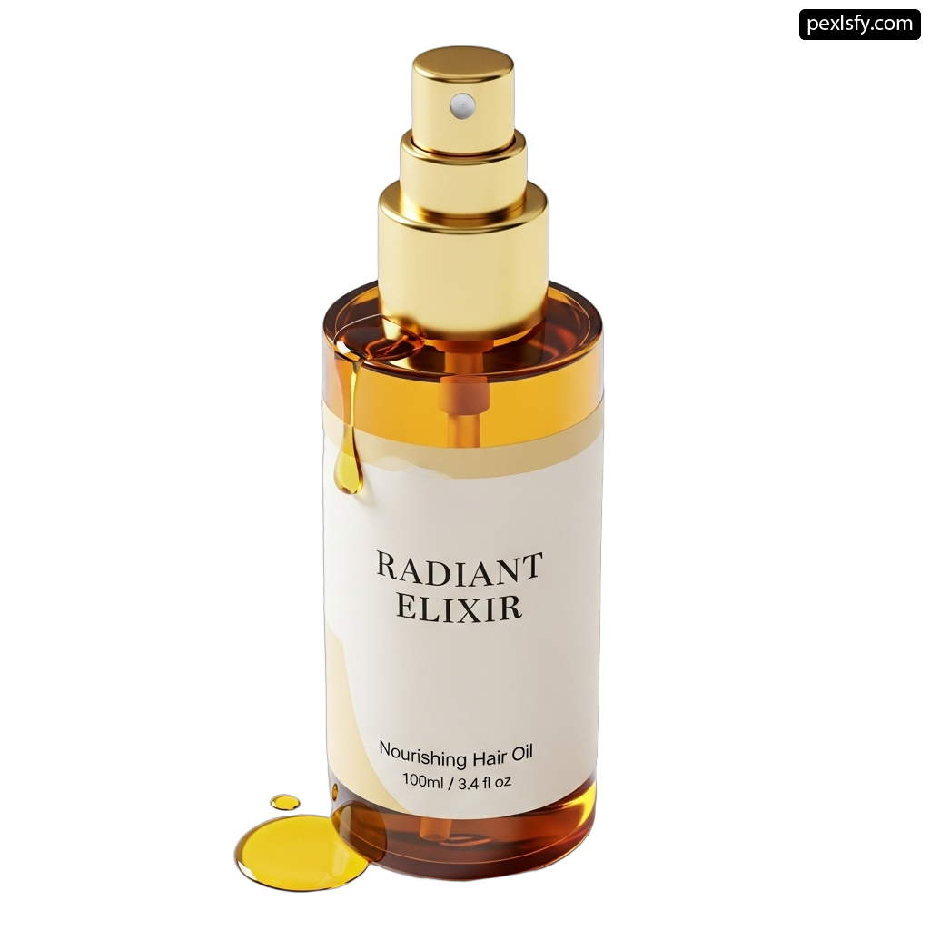 Bottle of radiant elixir nourishing hair oil png transparent background