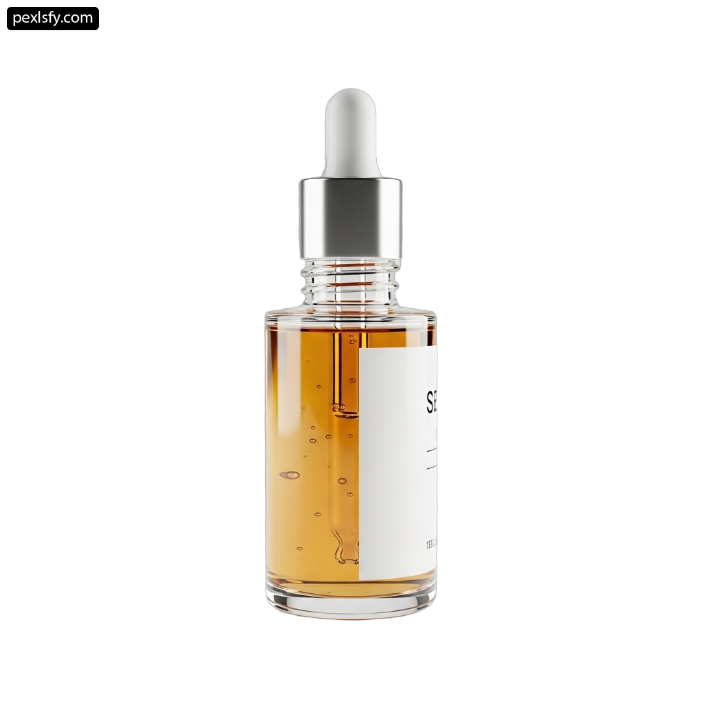 Bottle of serum with a white label on it png transparent background