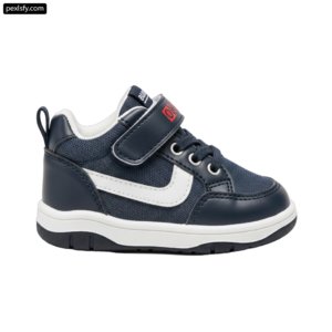 Boy's blue and white shoe with a velcro strap png transparent background