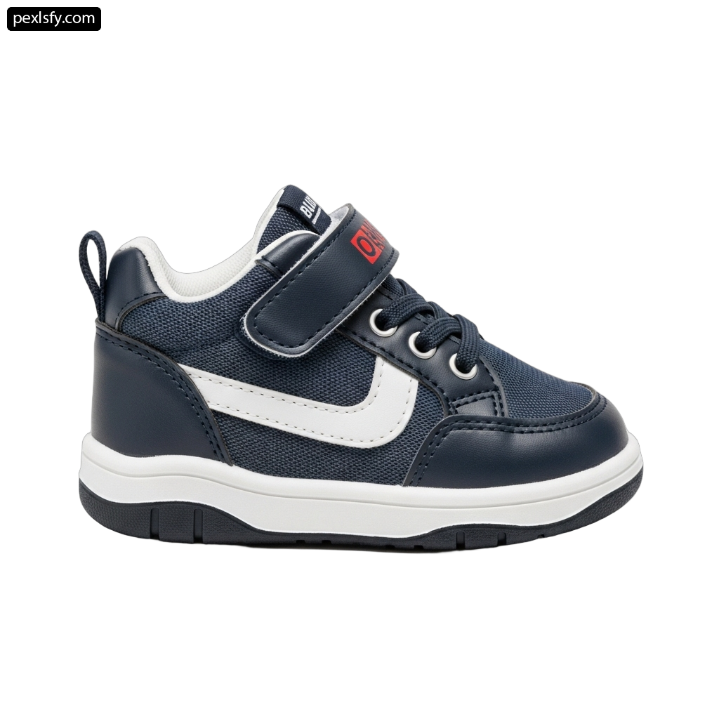 Boy's blue and white shoe with a velcro strap png transparent background