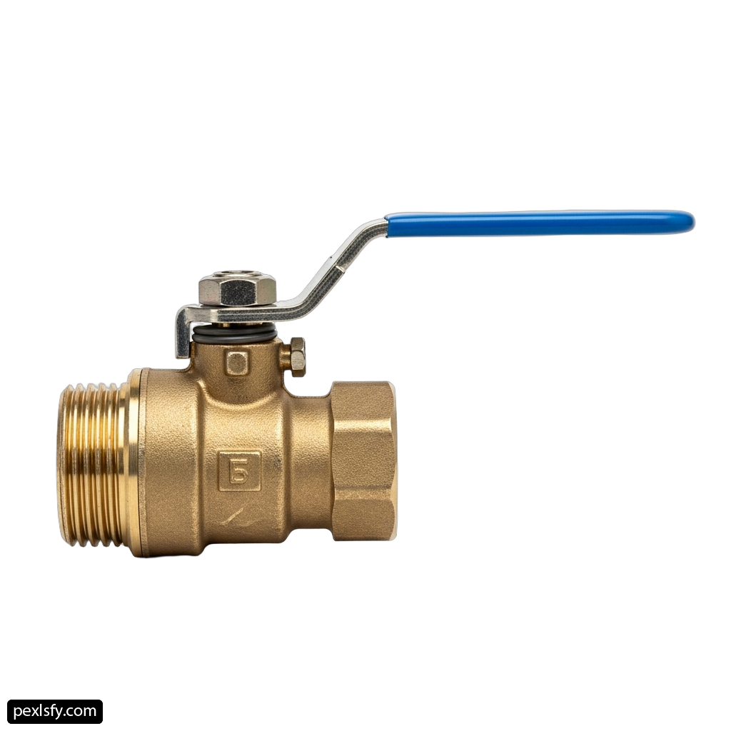 Brass ball valve with a blue handle png transparent background