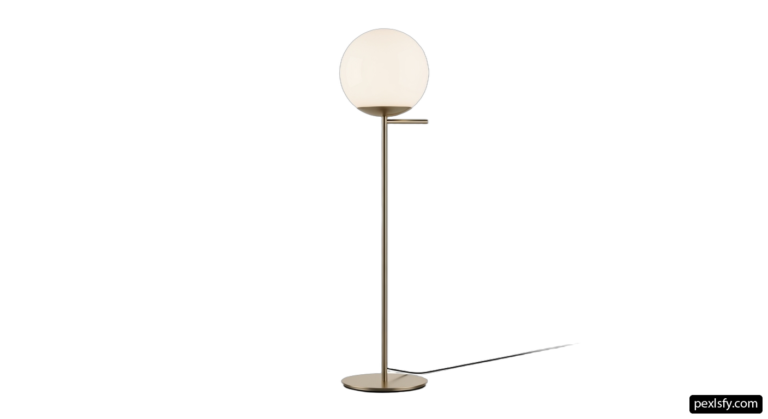 Brass floor lamp with a white glass shade png transparent background
