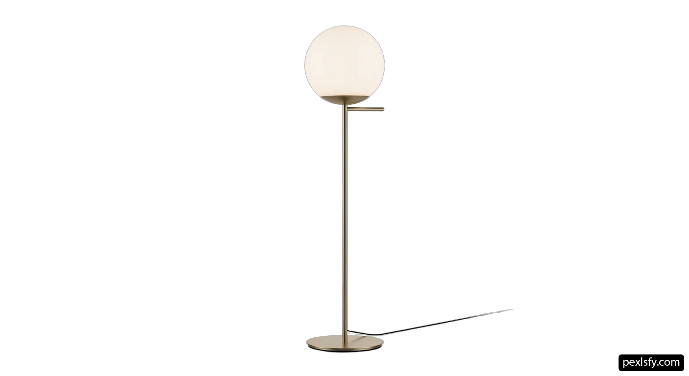 Brass floor lamp with a white glass shade png transparent background