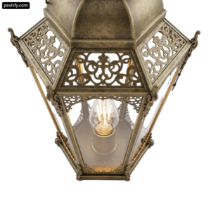 Brass lantern with a light bulb inside of it png transparent background