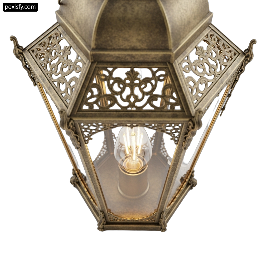 Brass lantern with a light bulb inside of it png transparent background