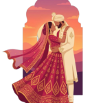 Bride and groom kissing in front of a sunset png transparent background