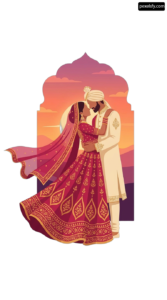 Bride and groom kissing in front of a sunset png transparent background