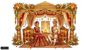 Bride and groom sitting in front of a mandap png transparent background