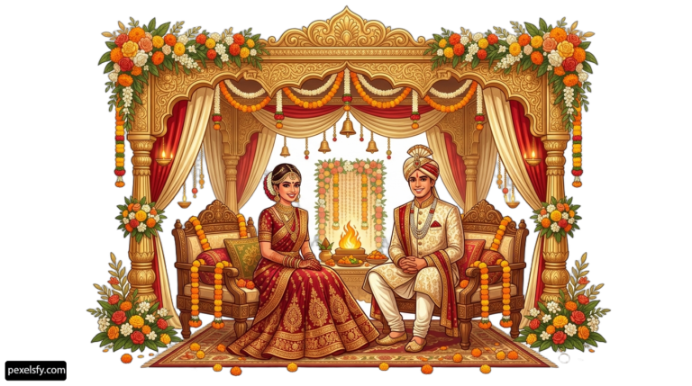 Bride and groom sitting in front of a mandap png transparent background