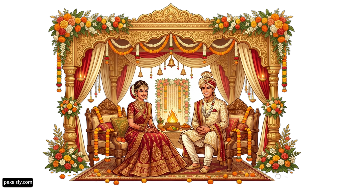 Bride and groom sitting in front of a mandap png transparent background