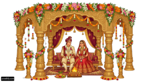 Bride and groom sitting in front of a mandap png transparent background