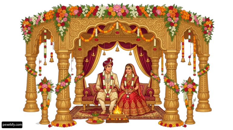 Bride and groom sitting in front of a mandap png transparent background