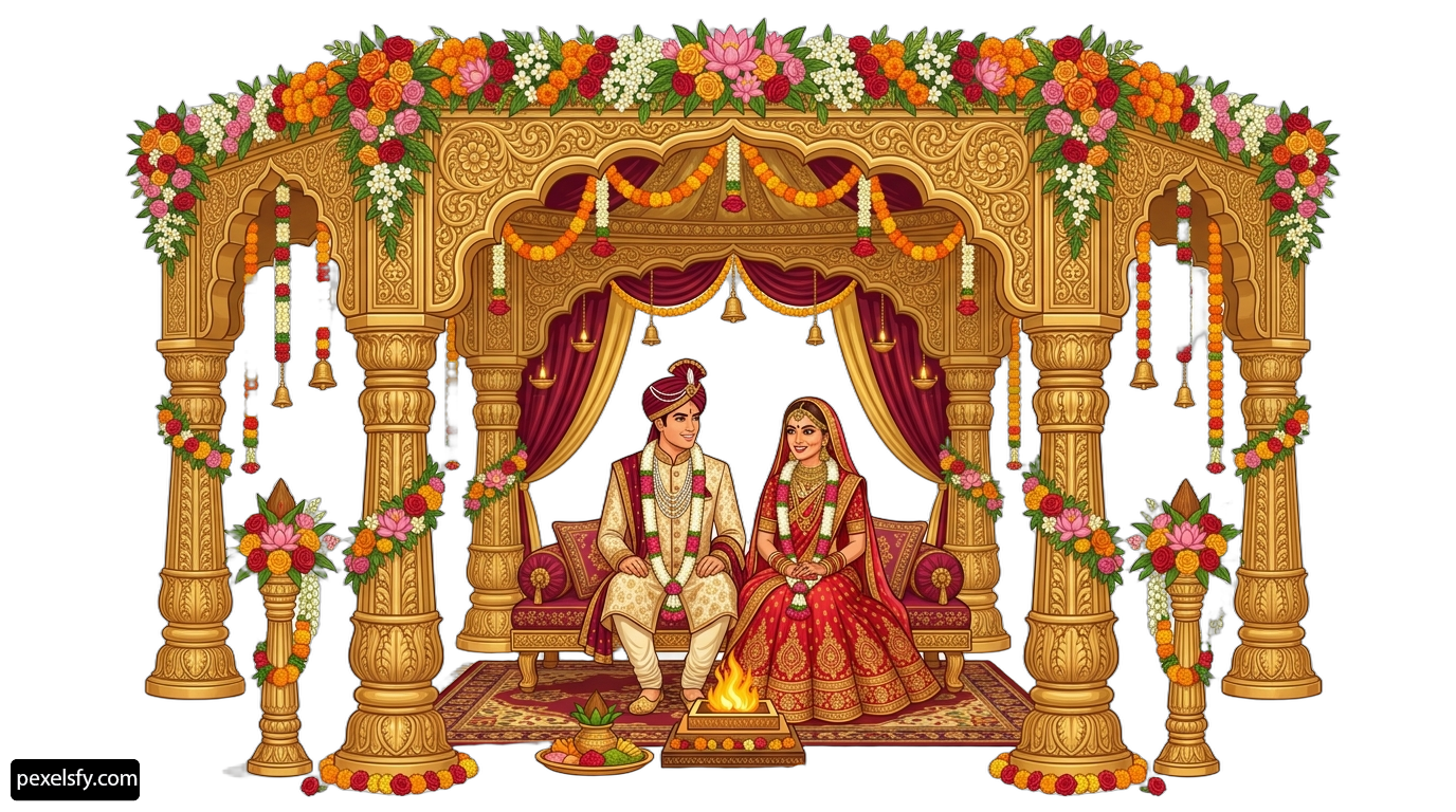 Bride and groom sitting in front of a mandap png transparent background