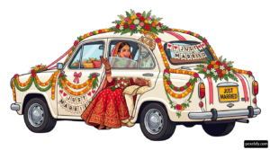 Bride and groom sitting in the back of a wedding car png transparent background