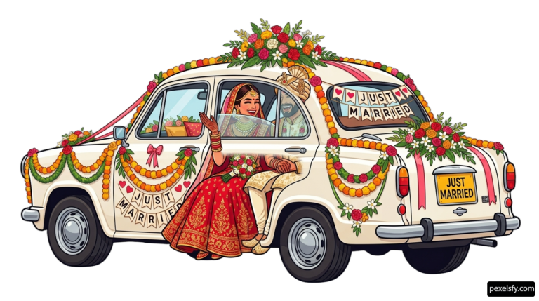 Bride and groom sitting in the back of a wedding car png transparent background